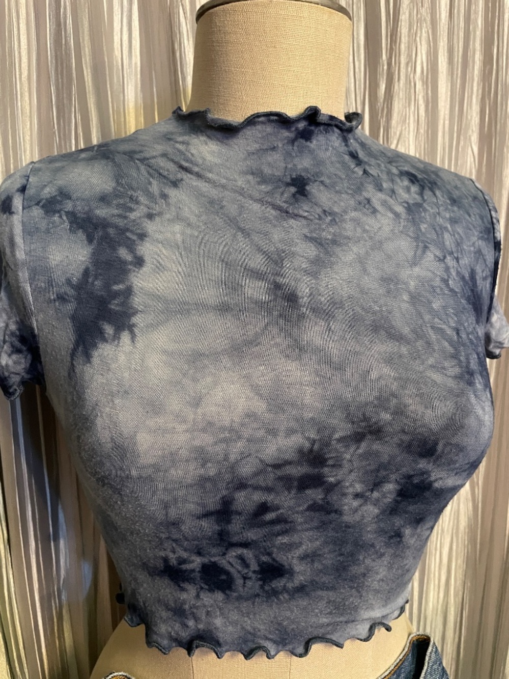 AntiStar Blue Tie Dye Crop Top with Lettuce Trim